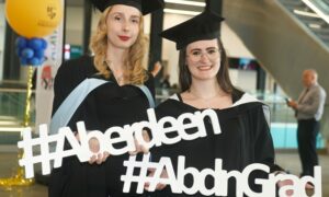 Jeanne Battais (left) and Eszter Kun are pictured by out photographer Chris Sumner at day two of Aberdeen University's graduations.