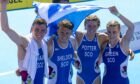 Team Scotland's Cameron Main, Grant Sheldon, Beth Potter and Sophia Green at the end of the mixed relay