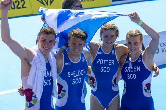 Team Scotland's Cameron Main, Grant Sheldon, Beth Potter and Sophia Green at the end of the mixed relay