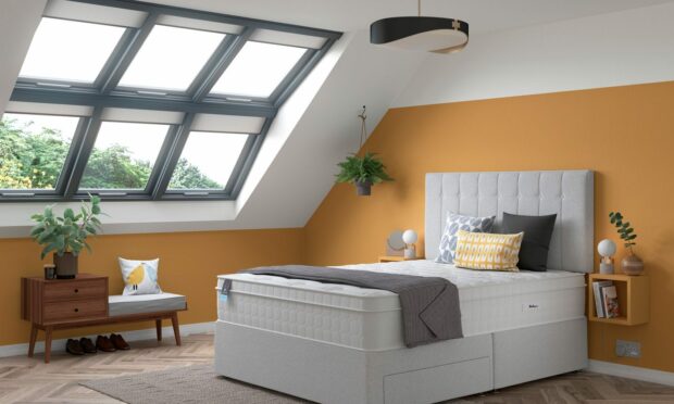 a bright bedroom with big windows, a pendant light and lamps on nightstands