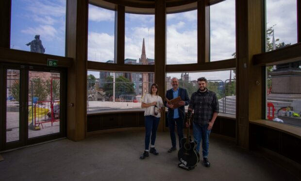 Showing off the view from the Common Sense Coffee House and Bar at the Union Terrace Gardens Rosemount Pavilion. Celera general manager Helen Richardson, director John Wigglesworth, and Chris Holland, their assistant manager at Common Sense. Picutre by Elisabeth Osborne.