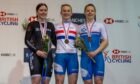 Ellie Stone, right, with her Team Scotland colleague Lauren Bell, centre, at the National Track Championships in 2020. Photo by Action Plus/Shutterstock (10539599ak)