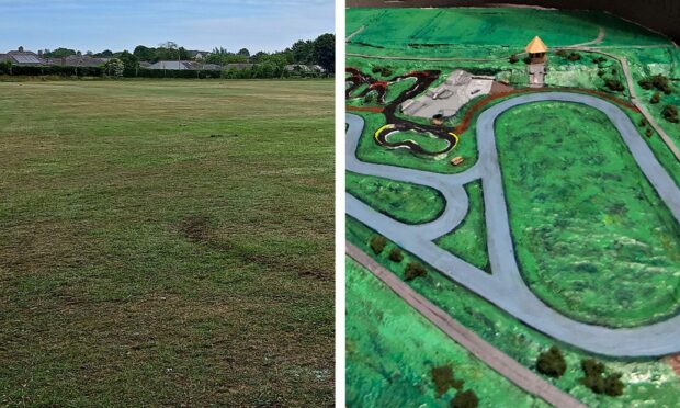 A model of the proposed wheel park, right, that would be built in the lower Gordon Park in Ellon.