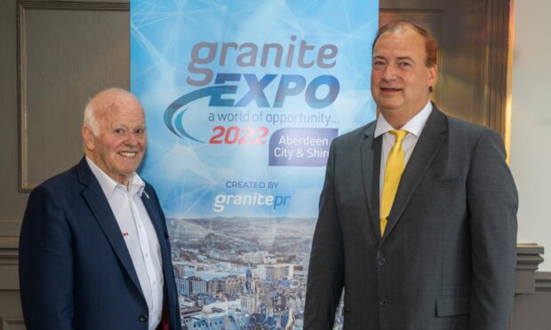 Balmoral Group chairman Sir Jim Milne officially opened Granite Expo at the city's Ardoe House Hotel & Spa. Event founder Brett Jackson, right.
