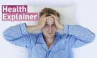 Sleep deprived man looking stressed in bed next to 'Health Explainer' logo