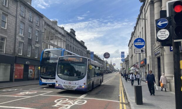 Buses on the new Union Street bus gate in Aberdeen
