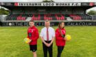Inverurie Loco Works have launched a women's football team. men's captain Greg Mitchell. chairman Mike Macaulay and currently Colony Park under-16's captain Grace Grimley. (Photo supplied by Inverurie Loco Works)