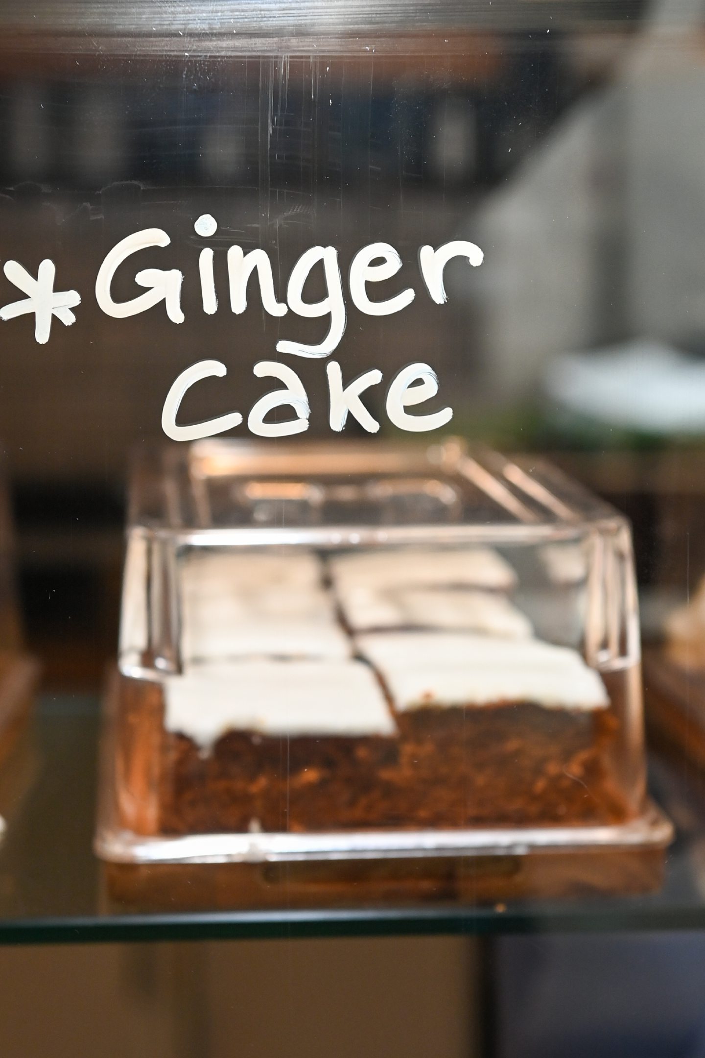 Ginger cake behind the glass counter at Cafe Society
