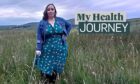 Lorna Taggart standing in long grass with crutch she uses to walk with the 'My Health Journey' logo next to her