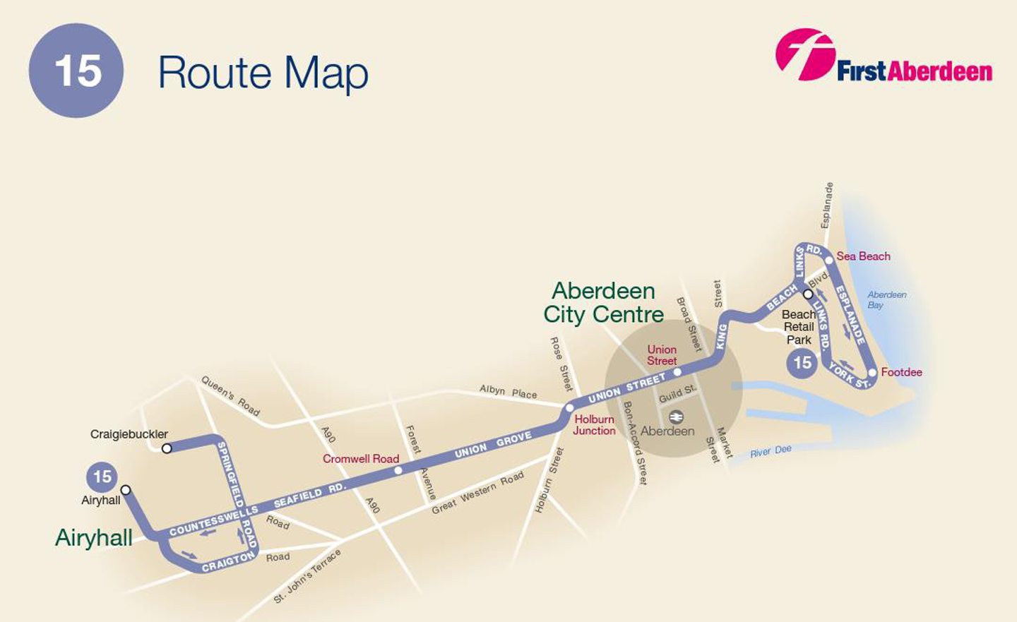 The previous route of the number 15 bus in Aberdeen.
