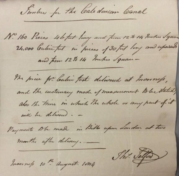 In Telford's own hand, an order for timber for the Caledonian Canal in August 1804