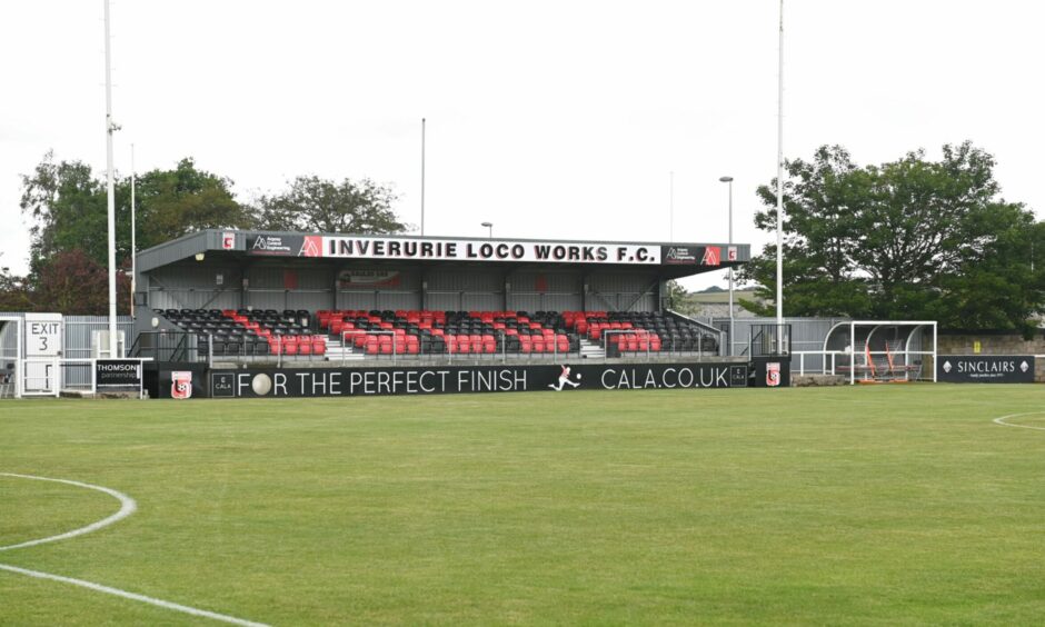 the pitch and stand at Harlaw Park, home of Inverurie Locos. 