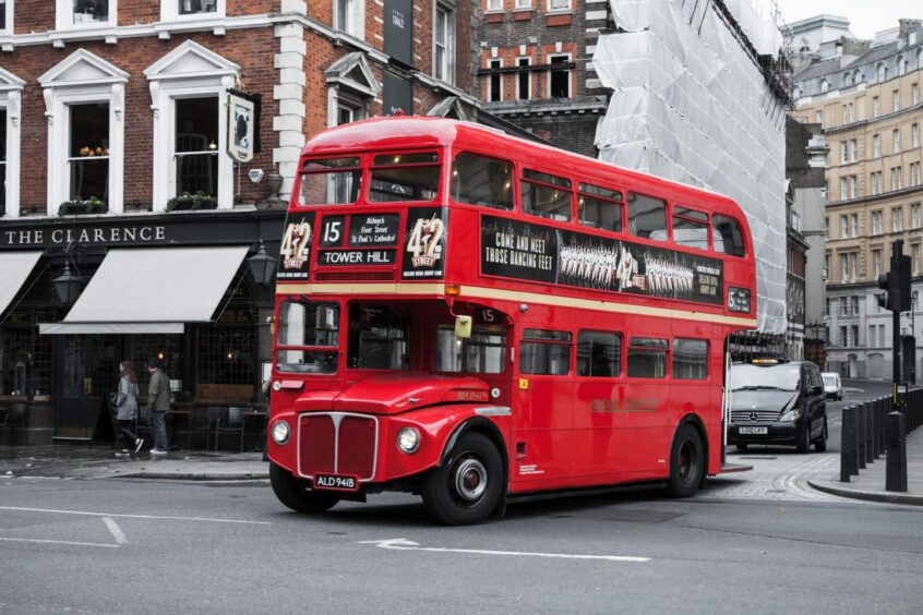 An iconic red Routemaster bus