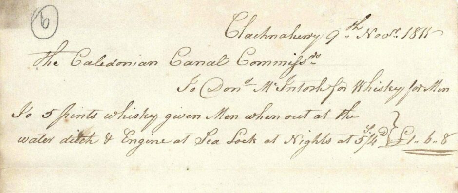 A whisky order payable to a Donald McIntosh for 5 pints of whisky for men working in water and at nights on Caledonian Canal in 1811