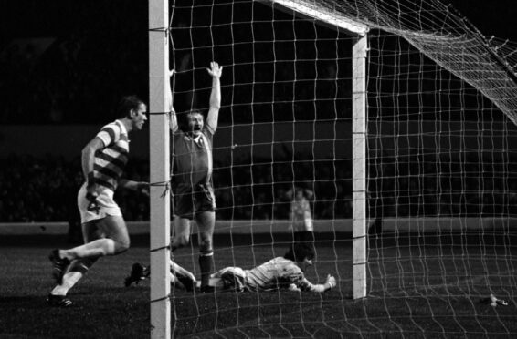 Davie Robb celebrates after scoring the winning goal for Aberdeen against Celtic in the 1976 League Cup final.