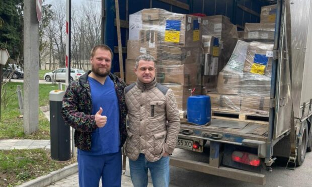 Hospital staff welcome the arrival of delivery number eight from the UK to Ukraine. Supplied by Circle Health Group.