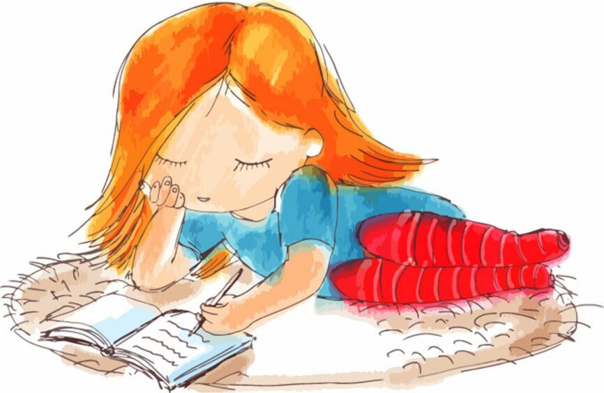 A drawing of a child writing in a book.