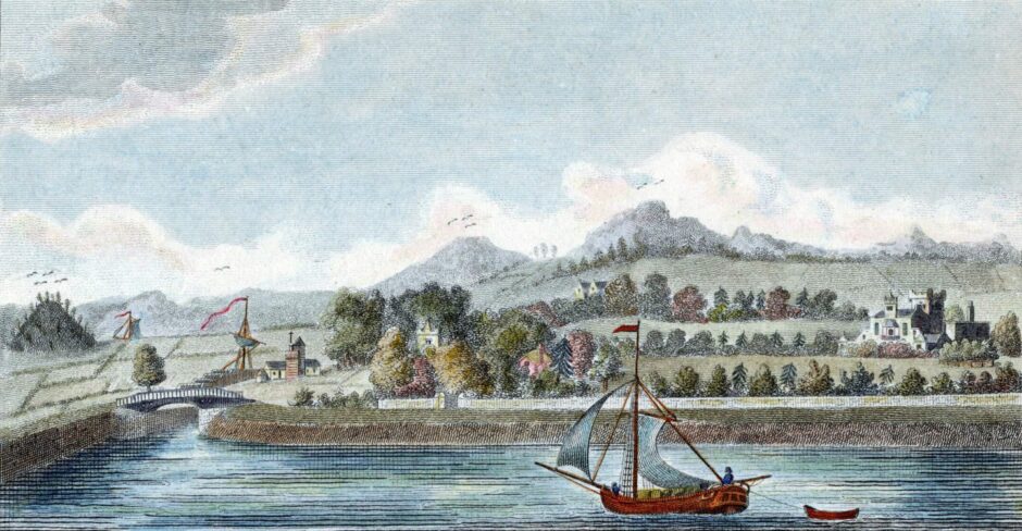 An engraving of the Basin of Caledonian Canal at Muirtown near Inverness, Scotland