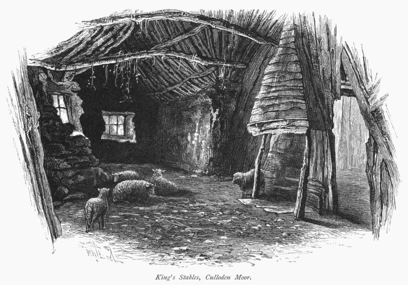 an engraving of interior view of The King's Stables, a cottage on Culloden Moor