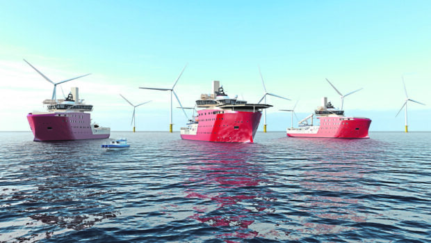 Image of three boats at the Dogger Bank offshore wind farm