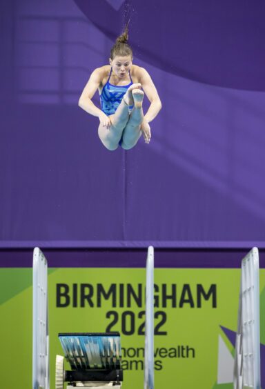 Clara Kerr in action in the 1m springboard qualifying at Sandwell Aquatics Centre. Photo by Roland Harrison/Action Plus/Shutterstock (13054044y)