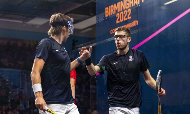 Greg Lobban and Rory Stewart during the men's doubles semi-final at the University of Birmingham. Photo by Jeff Holmes/JSHPIX/Shutterstock (13074581d)