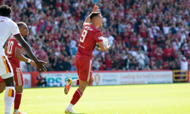 Aberdeen's Bojan Miovski celebrates scoring against Motherwell.