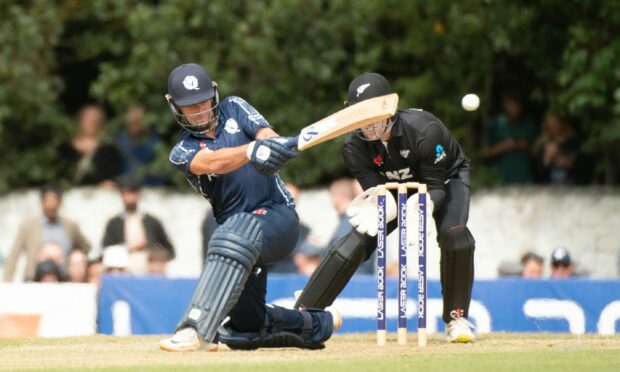 EDINBURGH, SCOTLAND - JULY 31: Scotland's Michael Leask in action during Day Three International match between Scotland and New Zealand at The Grange, on July 31, 2022, in Edinburgh, Scotland.  (Photo by Euan Cherry / SNS Group)