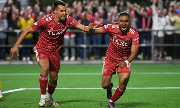 Aberdeen's Vicente Besuijen, right, celebrates scoring in the 4-1 win over Annan Athletic in the Premier Sports Cup.