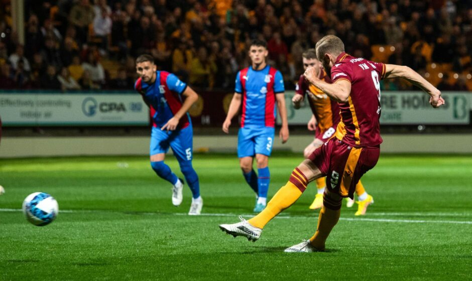 Kevin van Veen completes his hat-trick from the penalty spot