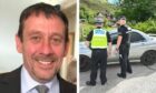 John Mackinnon (left) was allegedly shot dead at his home on Skye. Right: police officers at the scene of another shooting in Dornie