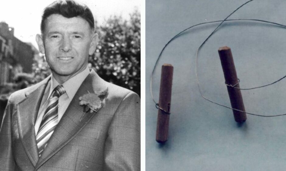 Image of Aberdeen taxi driver George "Dod" Murdoch alongside a picture of a replica of the cheese wire used to kill him.