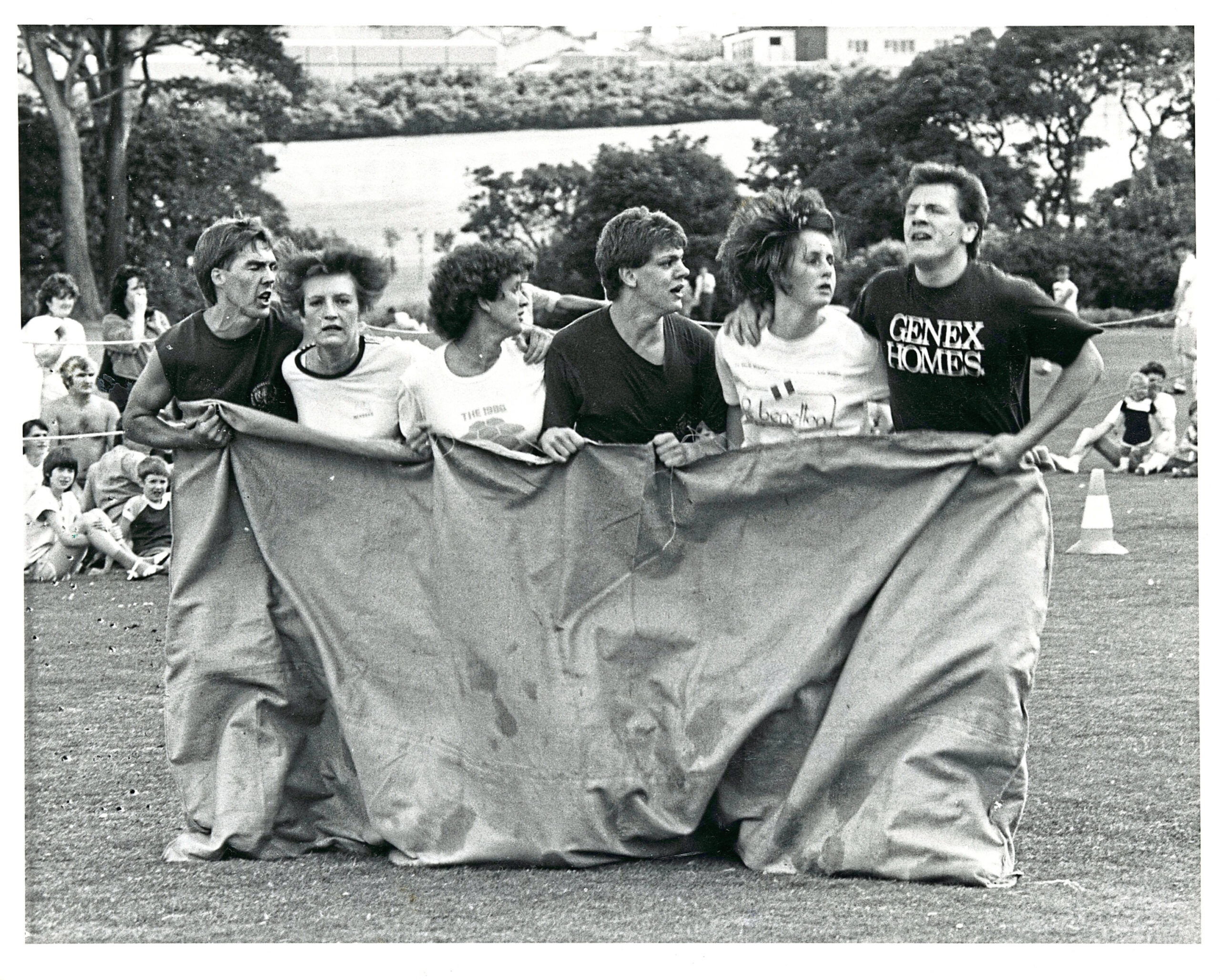 Aberdeen Grammar FPs during the sack race during It's a Knockout at Duthie Park in 1986.