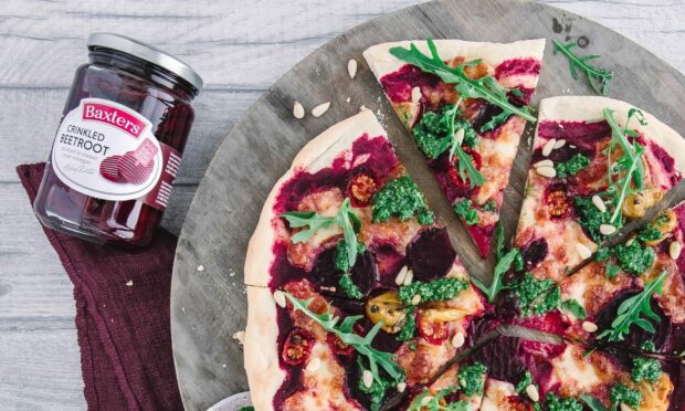 To go with story by Brian Stormont. Cooking on a budget recipe for menu, August 6 Picture shows; Beetroot pizza. Baxters. Supplied by Baxters Date; Unknown