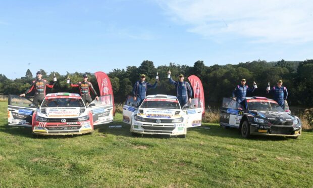 Grampian Forest Rally winners Keith Cronin and Mikie Galvin, centre, with second placed Osian Pryce and Noel O’Sullivan, and Ruairi Bell and Max Freeman. Picture by Chris Sumner.