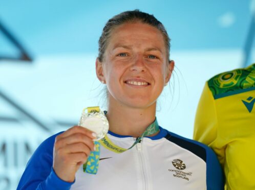 Scotland's Neah Evans on the podium with the silver medal after the Women's Road Race. Photo by David Davies/PA Wire