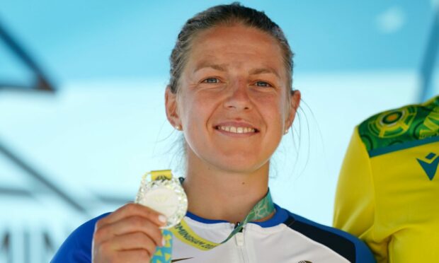 Scotland's Neah Evans on the podium with the silver medal after the Women's Road Race. Photo by David Davies/PA Wire