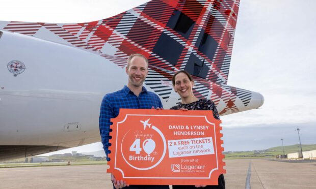 Twins David and Lynsey Henderson receiving 40th birthday wishes from Loganair. Supplied by Big Partnership.