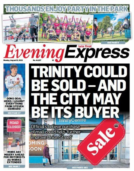 The Evening Express front page reporting the prospect of an Aberdeen City Council buyout of the Trinity Centre as part of the £150m masterplan.