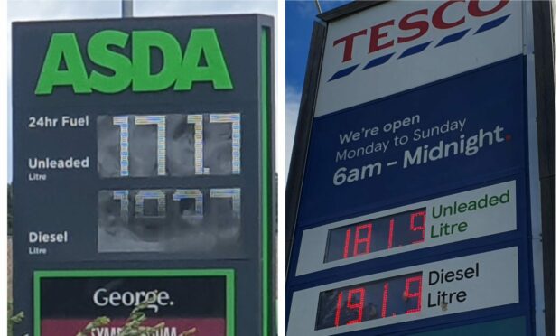 Petrol prices at Asda and Tesco in Elgin.