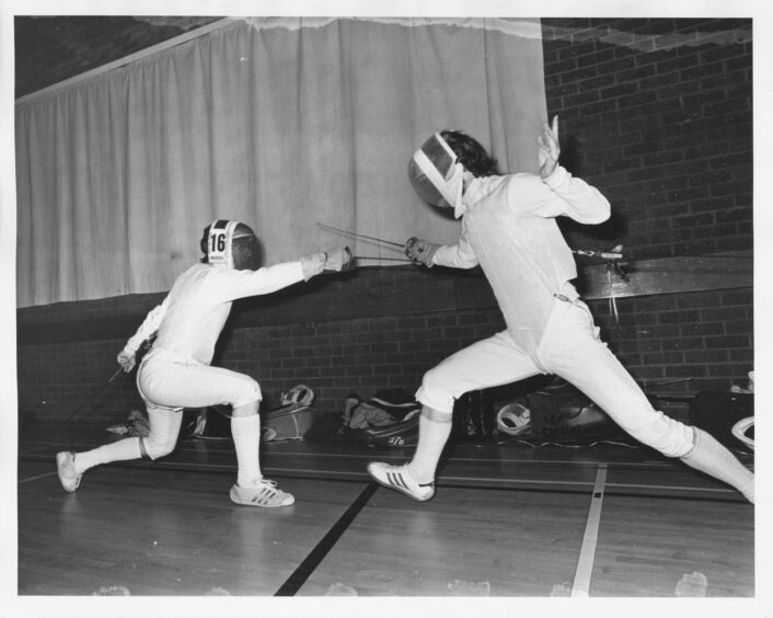 1979 - Scottish University's Individual Fencing Championships - Jim Lamb, Captain of the Aberdeen University team (left) in action against Adam Smith, Edinburgh