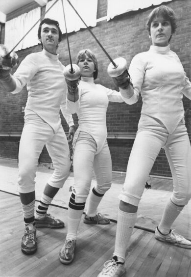1980 - Fencing trio in the Southern B team - Mark Ellis, Lesley Drennan and Ann Swinney pictured in training at the Butchart Centre.