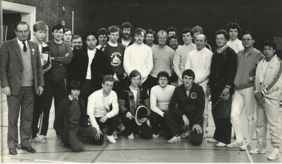29 April 1984 - Scottish Junior Fencing Championships Some of the competitors who took part in the Scottish junior fencing championships at the Butchart Centre, Aberdeen. Although Dingwall, Nairn and Aberdeen were well represented, only one title won by a North fencer - Robin Gray (Dingwall) who took the men's epee crown.