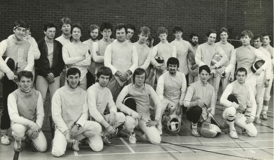 26 April 1986 - A break from the action for competitions in the Scottish Amateur Fencing Union competition at the Butchart Centre, University Road, Aberdeen.
