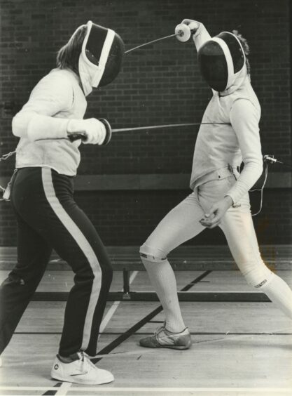 26 April 1986 - Howard Cooper , Aberdeen, and Michael Watt, Fraserburgh, take each other on in the Scottish Amateur Fencing Union competition in the Butchart Centre at Aberdeen University