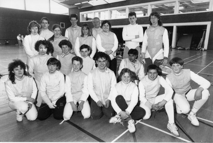 23 February 1991 - Competitors in the Balravie Marine North team competition at Aberdeen University's Butchart Centre.