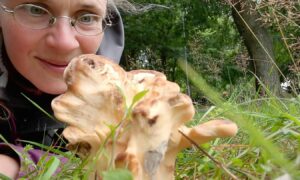 Mirjam with a giant polypore mushroom she foraged. Yum!