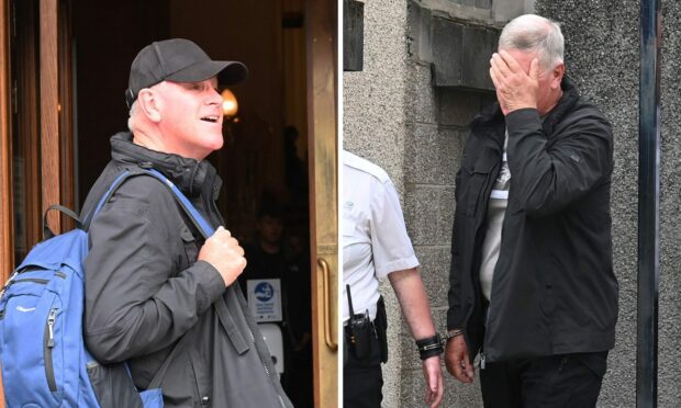 Gordon Raeper was laughing as he arrived  at court but hid his face when he was led out the back in handcuffs.