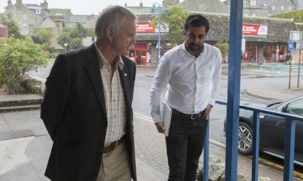 Health secretary Humza Yousaf along with Ron Gunn, chairman of the Caithness Health Action Team, in Wick on Monday. Picture by Robert MacDonald/Northern Studios