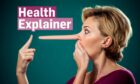 Woman with long Pinocchio style nose to symbolise lying with health explainer logo next to her head